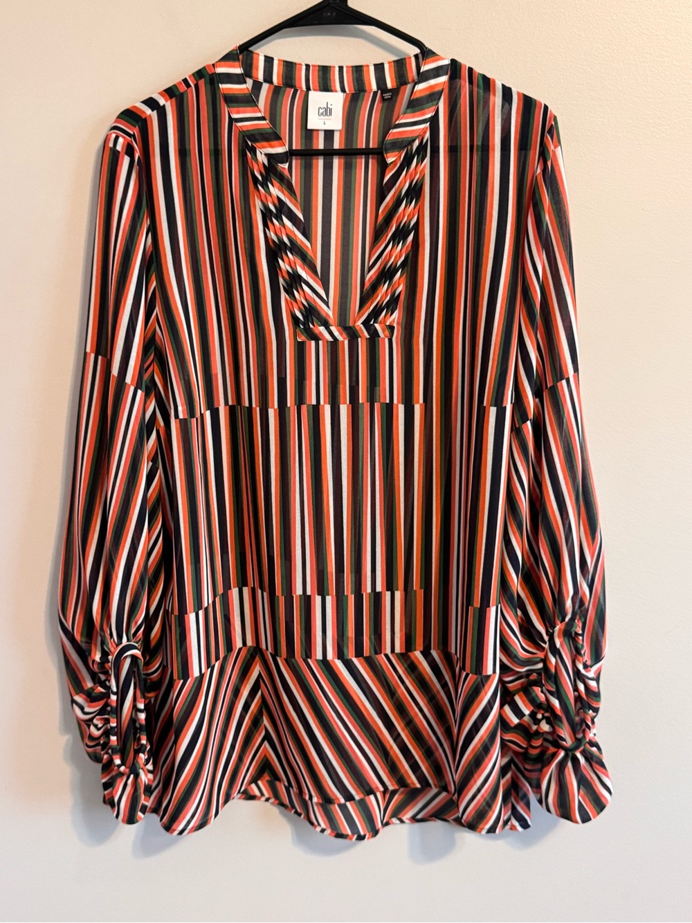 Cabi Women’s L Striped Blouse Tie Sleeve High Low Tunic Top